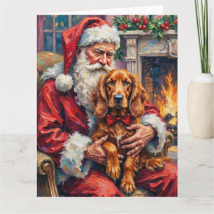 Carte Père Noël tenant l'art de Noël de l'Irish Red Sett