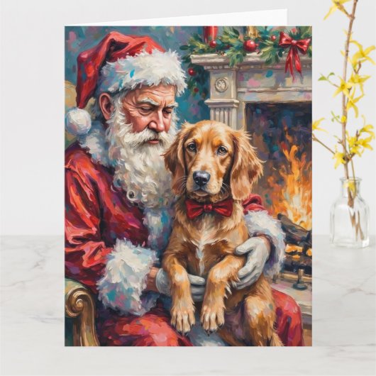 Carte Père Noël tenant l'art de Noël de Setter Anglais (Fleur jaune)