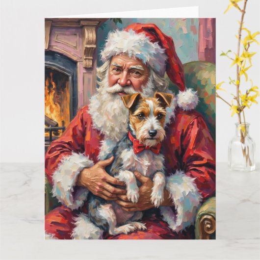 Carte Père Noël tenant l'art de Noël de Terrier Wirefox (Fleur jaune)