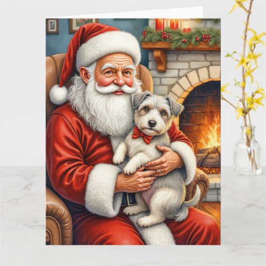 Carte Père Noël tenant l'art de Noël du Biewer Terrier (Fleur jaune)