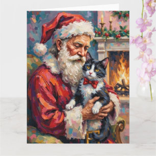 Carte Père Noël tenant l'art de Noël du chat smoking