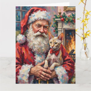 Carte Père Noël tenant l'art de Noël du chat Sphynx