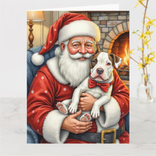 Carte Père Noël tenant un Bull Terrier - Art de Noël