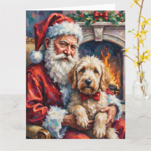 Carte Père Noël tenant un chien de berger anglais ancien