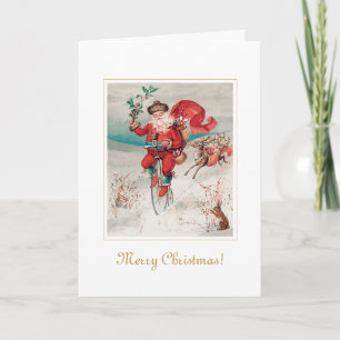 Carte Père Noël Unique à Bicyclette Art de Noël