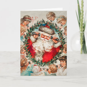 Carte Père Noël victorien au téléphone avec des enfants