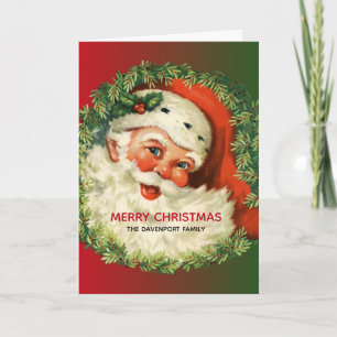 Carte Père Noël vintage avec couronne de Noël en pin