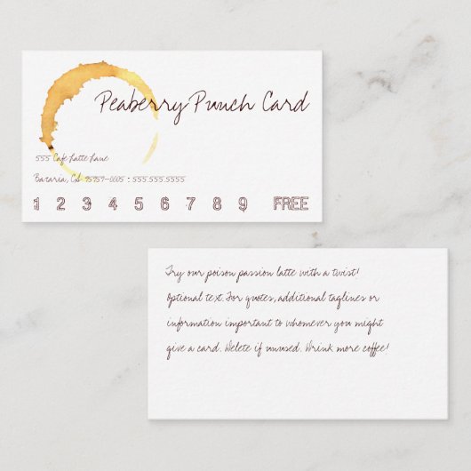 Carte perforée de boissons de café de Peaberry (Devant / Derrière)