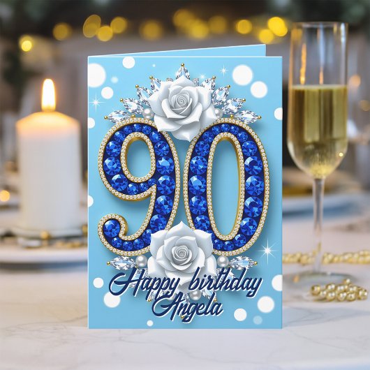 Carte Perles de Gemmes Bleues et Roses Blanches 90e anni