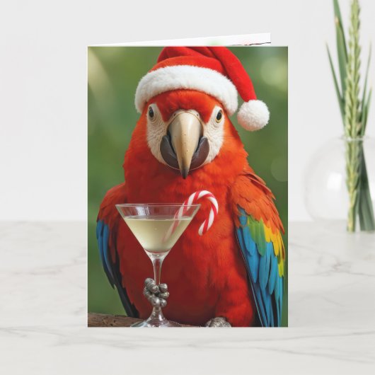 Carte Perroquet de Noël tenant un cocktail (Devant)