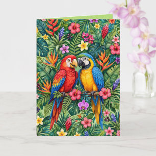 Carte Perroquets aras de la jungle Fleurs vibrantes