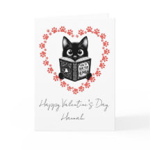 Personalized Black Cat Book Lover Valentine's Card