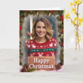 Carte Personalized Family Photo Christmas Rustic Wood (Fleur jaune)