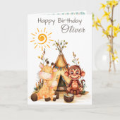 Carte Personalized Kids Birthday Card with Cute Animals (Fleur jaune)