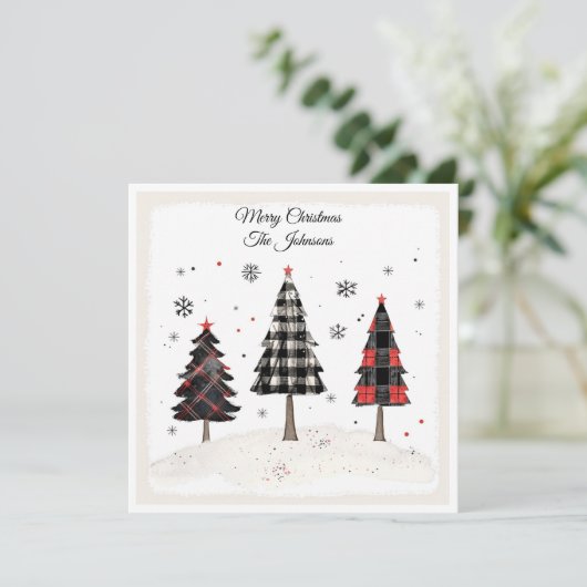 Carte Personalized Plaid Christmas Tree Family Name (Debout devant)