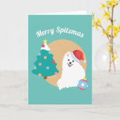 Carte Personnalisable - Chien Japanese Spitz Mignon Noël (Fleur jaune)