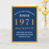 Carte Personnalisé 50e anniversaire 1971 Blue Gold Chic (Fleur jaune)