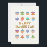 Carte Personnalisé Happy Hanoukka Dreidels and Stars<br><div class="desc">Un design Hanoukka amusant et festif avec des rêves et des étoiles colorés. Ce design peut être personnalisé avec votre propre message. Un design moderne,  non traditionnel,  et motif avec des dreidels stylisés et des formes géométriques Star of David.</div>