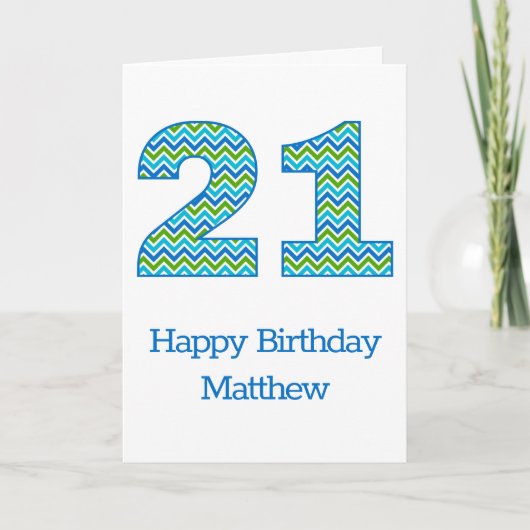 Carte personnalisée Chevron bleu et vert 21e anniv (Devant)