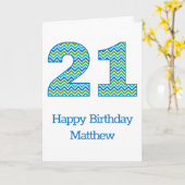 Carte personnalisée Chevron bleu et vert 21e anniv (Fleur jaune)