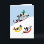 Carte personnalisée de manchots faisant de la luge<br><div class="desc">Tout simplement amusant ! Une image enneigée de manchots faisant de la luge. C'est adorable ! Le design original de l'artiste,  dag dart,  est très fantaisiste et joyeux. La carte peut être personnalisée. Vous pouvez modifier le message à l'intérieur comme vous le souhaitez.</div>