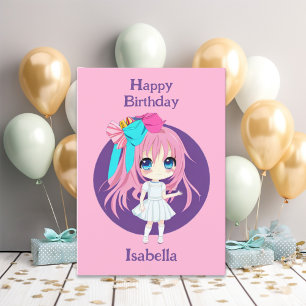 Carte Personnalisée jolie rose Anime Anniversaire fille
