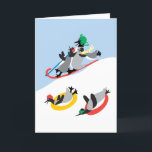 Carte personnalisée pour couchage de pingouins<br><div class="desc">Plutôt amusant ! Image enneigée de manchots en traîneau. C'est adorable ! Le design original de l'artiste,  dag dart est tellement fantaisiste et joyeux. La carte peut être customisée. Vous pouvez changer l'accueil intérieur à ce que vous voulez.</div>