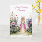 Carte Personnaliser le nom de Peter Rabbit veste rose  (Fleur jaune)