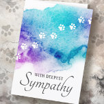 Carte Perte d'animal empreintes de pattes aquarelle symp<br><div class="desc">Carte de remerciements de sympathie avec un empreinte de patte blanc sur un splash violet et aqua aquarelle et le texte "Avec la plus profonde sympathie" sur le devant. Texte personnalisé à l'intérieur : "Je suis tellement désolé d'apprendre la perte de votre meilleur ami et compagnon. Que votre coeur trouve...</div>