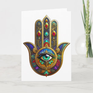 Carte Pétales de fleurs de couleur de paon Hamsa Vert Tr
