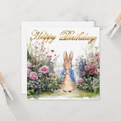 Carte Peter le lapin dans son jardin No 2 Joyeux anniver (Devant/Arrière en situation)