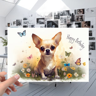 Carte Petit animal Chihuahua Chien chiot et fleurs Anniv