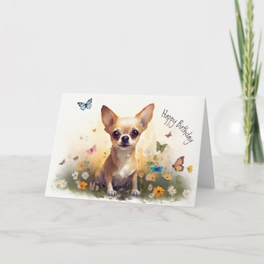 Carte Petit animal Chihuahua Chien chiot et fleurs Anniv (Devant)