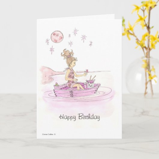 Carte Petit bateau rose (Fleur jaune)
