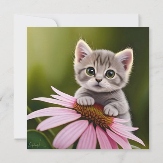 Carte Petit chat gris floral mignon (Devant)