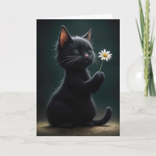 Carte Petit Chat Noir Avec Marguerite Blanche Pensant à