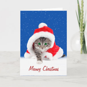 Carte Petit chaton au chapeau de Noël et flocons de neig
