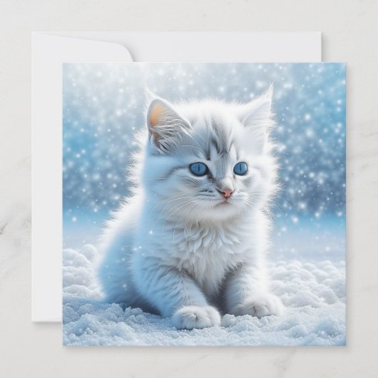 Carte Petit chaton blanc Noël dans la neige (Devant)