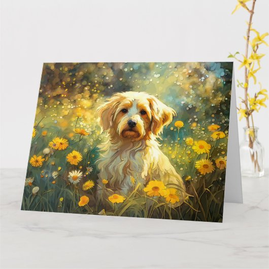 Carte Petit chien mignon sur la prairie (Fleur jaune)