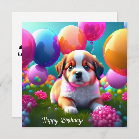 Carte Petit chiot avec ballons - anniversaire (Devant / Derrière)