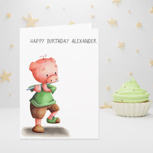 Carte Petit Cochon Jouer à la Flûte Joyeux Anniversaire