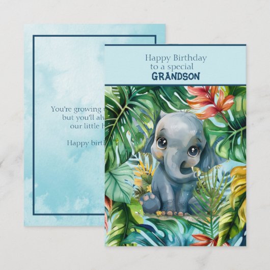 Carte Petit éléphant Joyeux Anniversaire Petit-fils spéc (Devant / Derrière)