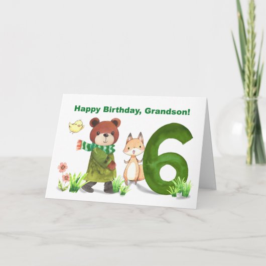 Carte Petit-fils 6e anniversaire Ours d'aquarelle et ren (Devant)