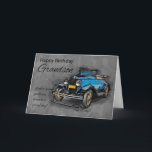 Carte Petit-fils, arrière - plan bleu vintage<br><div class="desc">Une voiture bleue vintage,  un croquis et une peinture lâche avec une aquarelle effectuent l'arrière - plan. Grand pour l'anniversaire masculin et avec des mots gentils sur l'avant,  pour ce jour spécial</div>