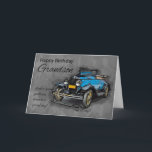 Carte Petit-fils, arrière - plan bleu vintage<br><div class="desc">Une voiture bleue vintage,  un croquis et une peinture lâche avec une aquarelle effectuent l'arrière - plan. Grand pour l'anniversaire masculin et avec des mots gentils sur l'avant,  pour ce jour spécial</div>