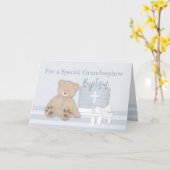 Carte Petit-fils Blue Baptism Cake Teddy Bear (Fleur jaune)