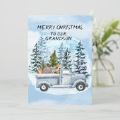 Carte Petit-fils Camion bleu Arbre de Noël et animaux (Debout devant)