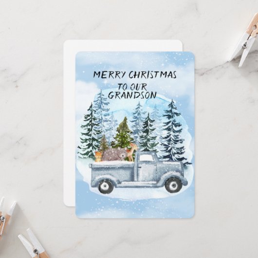 Carte Petit-fils Camion bleu Arbre de Noël et animaux (Devant/Arrière en situation)