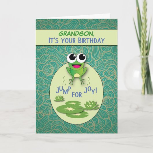Carte Petit-fils, grenouille d'anniversaire, nom fait (Devant)