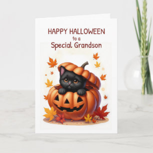 Carte Petit-fils Halloween mignonne Chat noir en Citroui